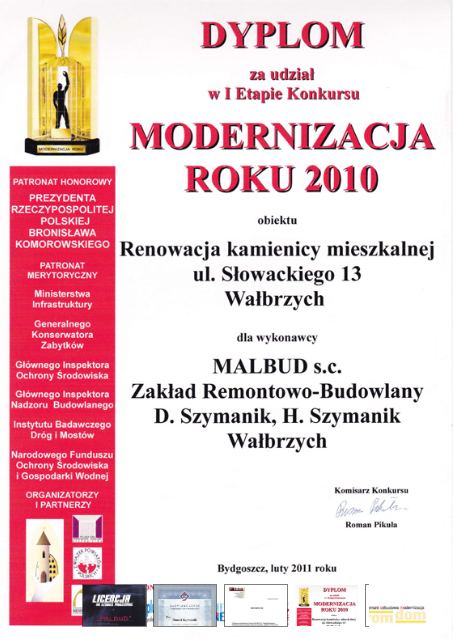 Dyplom Ogólnopolskiego Konkursu Modernizacja Roku 2010 za renowację kamienicy przy ul. Słowackiego 13 w Wałbrzychu