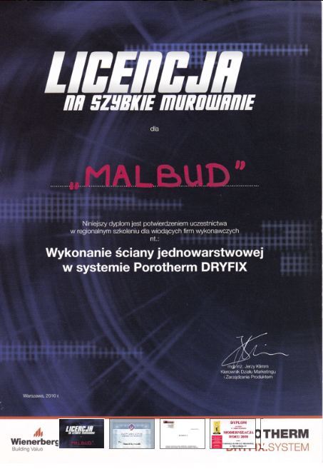Licencja na szybkie murowanie w systemie Porotherm DRYFIX przyznana firmie MALBUD przez Wienerberger