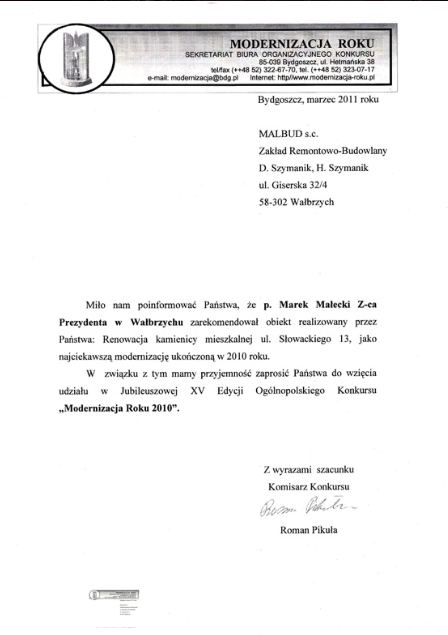 List Biura Organizacyjnego konkursu Modernizacja Roku z rekomendacją renowacji kamienicy wykonanej przez MALBUD