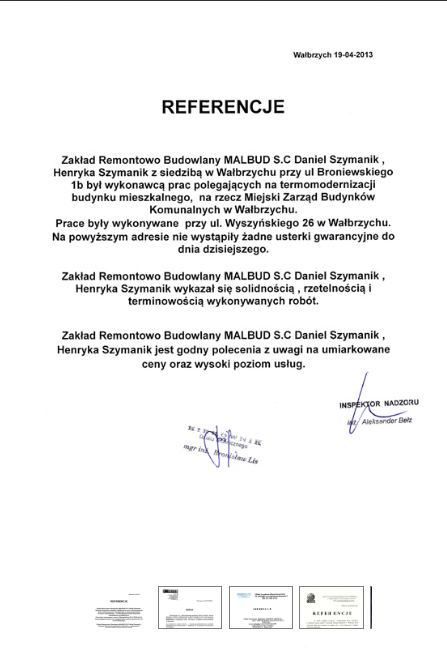 Referencje Miejskiego Zarządu Budynków Komunalnych w Wałbrzychu dla firmy budowlanej MALBUD