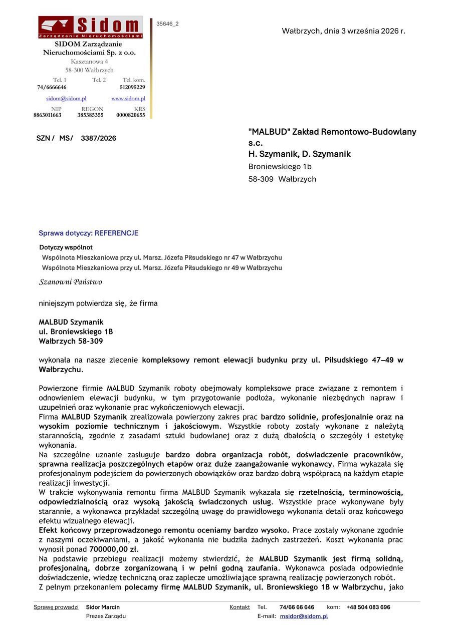 Referencje Sidom Zarządzanie Nieruchomościami dla MALBUD Szymanik za remont elewacji budynku przy ul. Piłsudskiego 47–49 w Wałbrzychu, wrzesień 2026