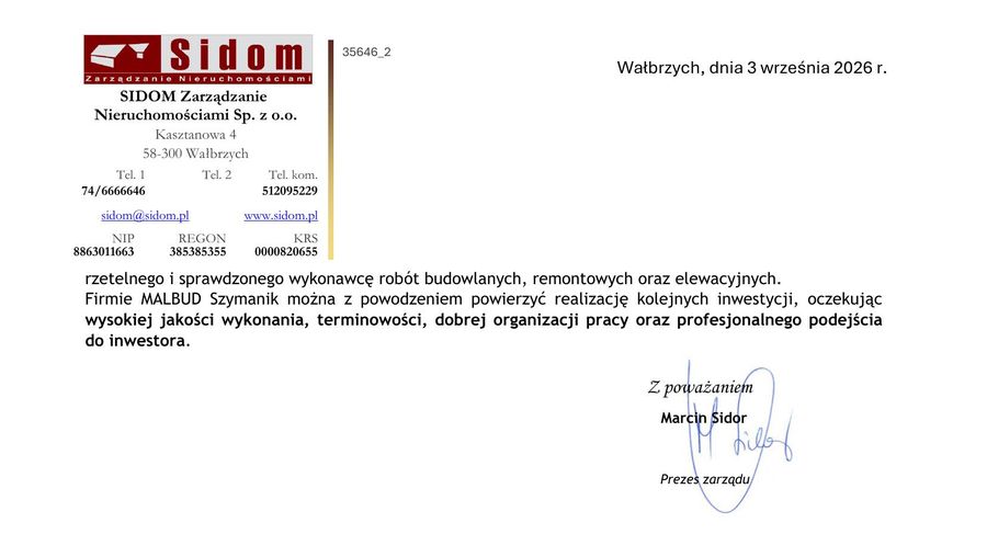 Druga strona referencji Sidom Zarządzanie Nieruchomościami z podpisem prezesa zarządu Marcina Sidora