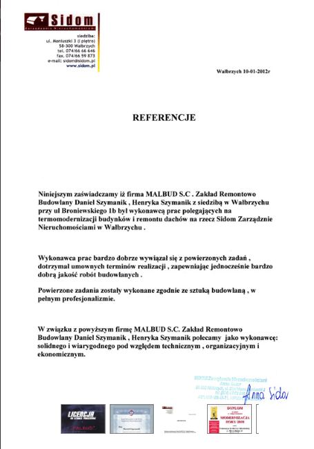 Referencje za termomodernizację budynków i remont dachów wykonany przez MalBUD w Wałbrzychu