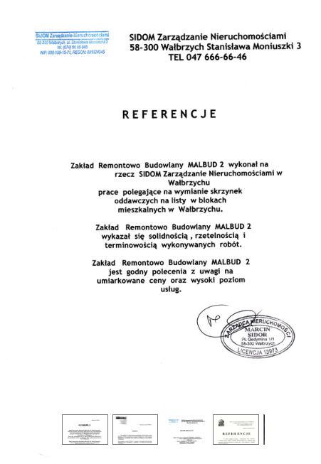 Referencje za wymianę skrzynek oddawczych na listy w blokach mieszkalnych w Wałbrzychu