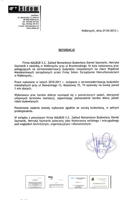 Referencje firmy Sidom Zarządzanie Nieruchomościami dla MalBUD za termomodernizację budynków mieszkalnych w Wałbrzychu