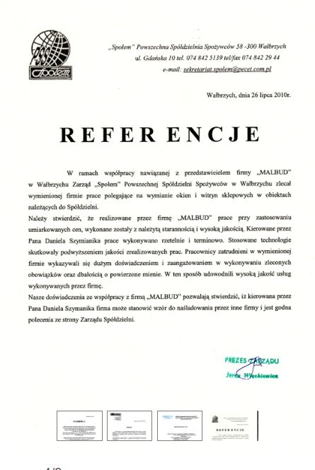 Referencje Powszechnej Spółdzielni Spożywców Społem dla MALBUD za wymianę okien i witryn sklepowych