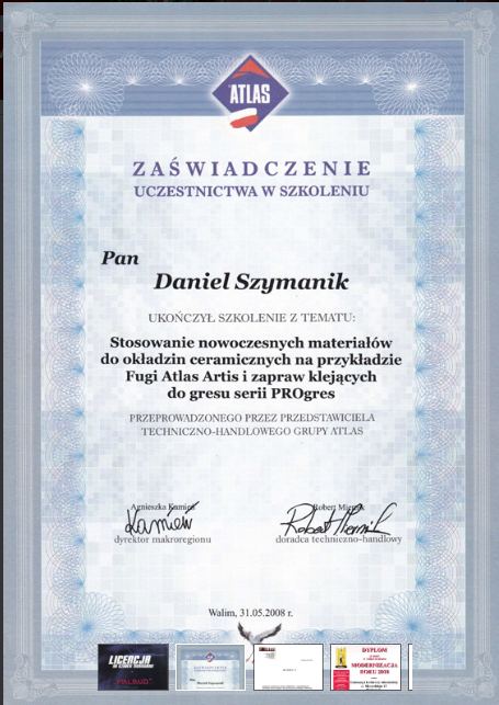 Zaświadczenie ATLAS o ukończeniu szkolenia ze stosowania nowoczesnych materiałów do okładzin ceramicznych